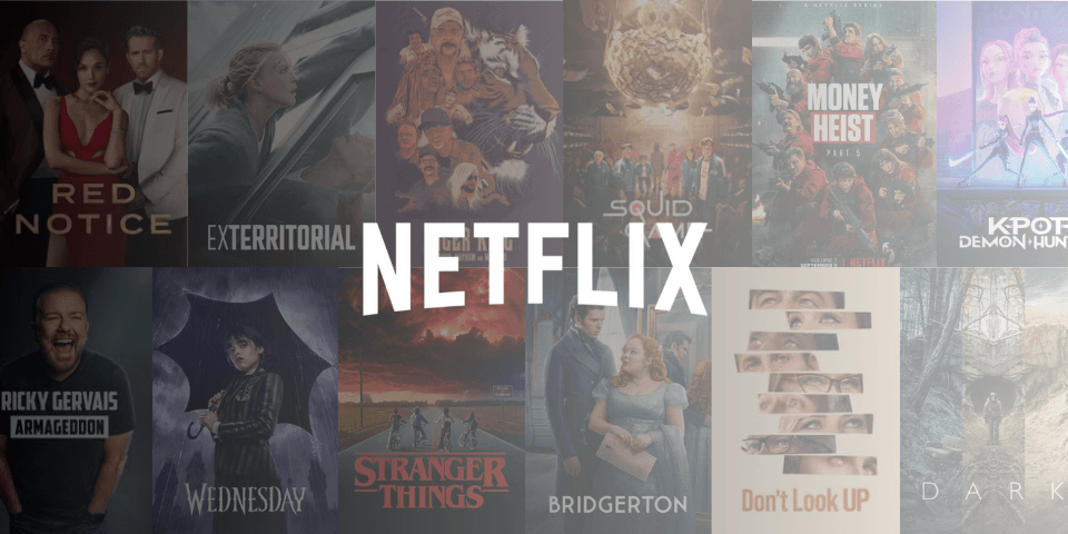 A grid of movie and TV show thumbnails with the Netflix logo prominently displayed in the center. Visible content includes Red Notice, Exterritorial, Squid Game, Money Heist, Wednesday, Ricky Gervais: Armageddon, Stranger Things, Bridgerton, Don't Look Up, Dark, and other Netflix original series and films arranged in a typical browsing layout.